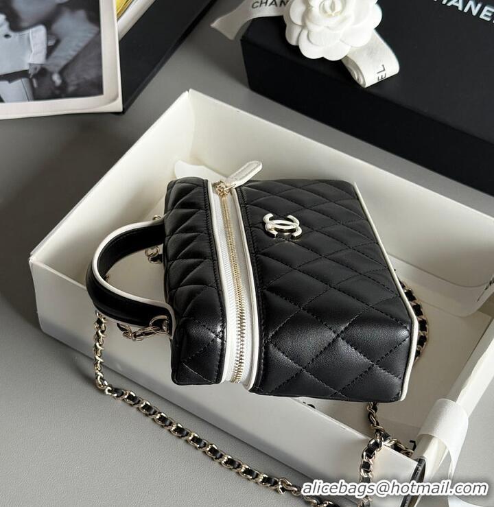 Famous Brand Chanel Vanity Bag with Top Handle and Chain Strap Quilted Leather with Silver-Tone Hardware AS6281 Black