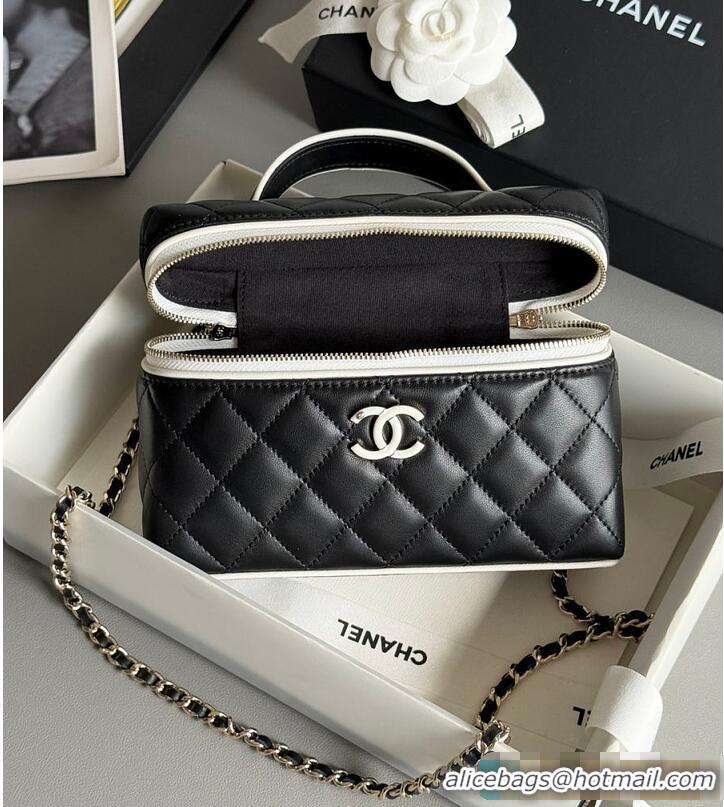 Famous Brand Chanel Vanity Bag with Top Handle and Chain Strap Quilted Leather with Silver-Tone Hardware AS6281 Black