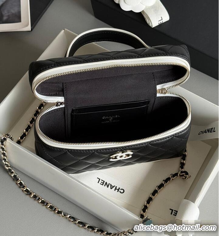 Famous Brand Chanel Vanity Bag with Top Handle and Chain Strap Quilted Leather with Silver-Tone Hardware AS6281 Black