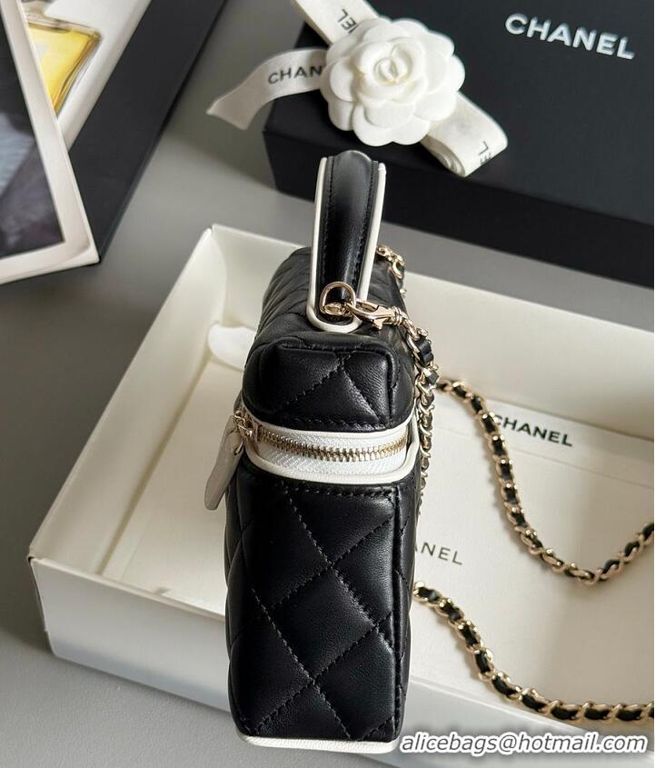 Famous Brand Chanel Vanity Bag with Top Handle and Chain Strap Quilted Leather with Silver-Tone Hardware AS6281 Black