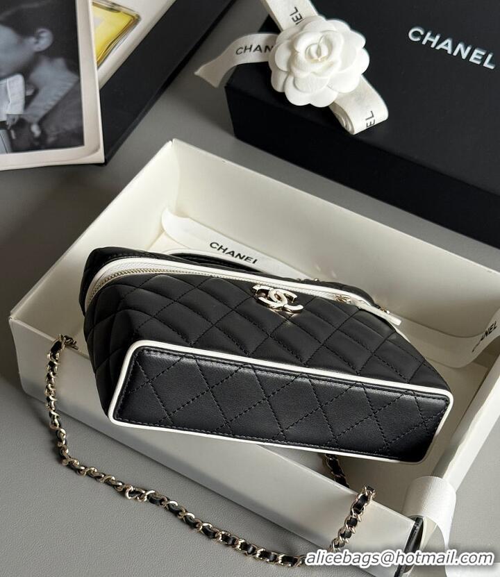 Famous Brand Chanel Vanity Bag with Top Handle and Chain Strap Quilted Leather with Silver-Tone Hardware AS6281 Black