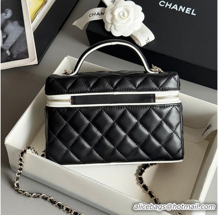 Famous Brand Chanel Vanity Bag with Top Handle and Chain Strap Quilted Leather with Silver-Tone Hardware AS6281 Black
