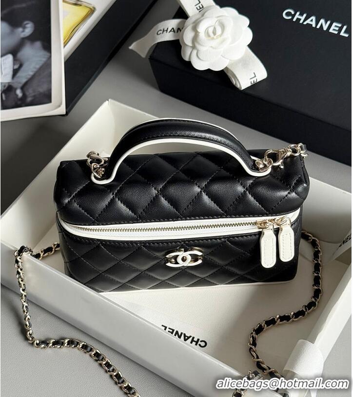 Famous Brand Chanel Vanity Bag with Top Handle and Chain Strap Quilted Leather with Silver-Tone Hardware AS6281 Black