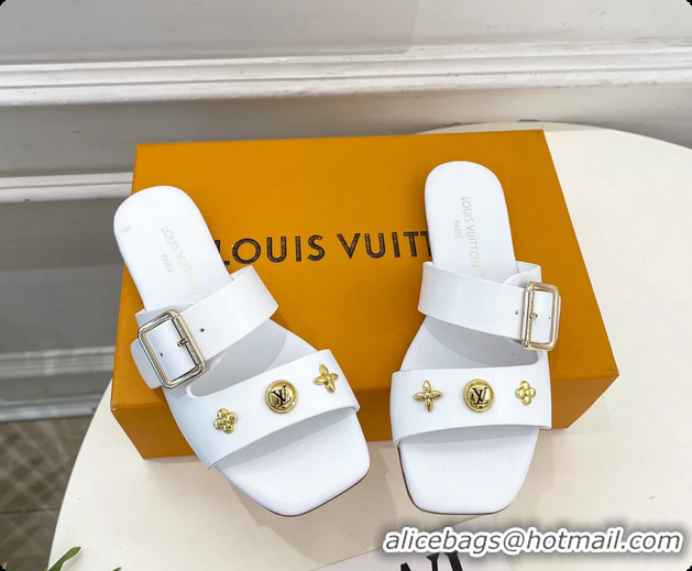 Shop Cheap Louis Vuitton White Calfskin Leather Flat Slides Sandals 6062105