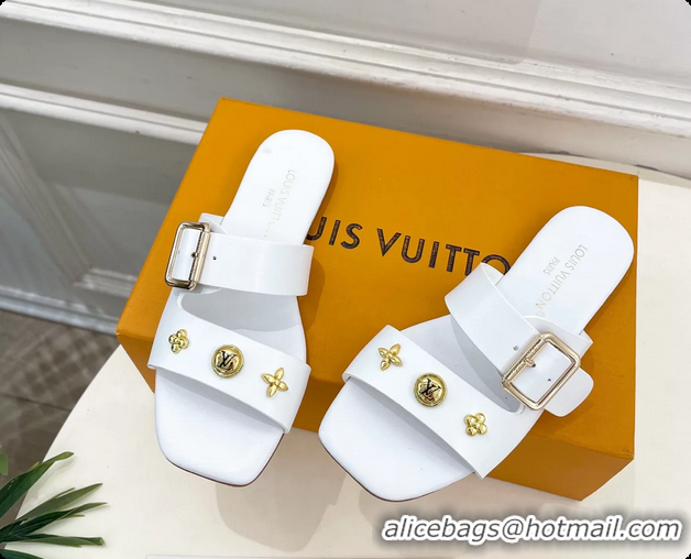 Shop Cheap Louis Vuitton White Calfskin Leather Flat Slides Sandals 6062105