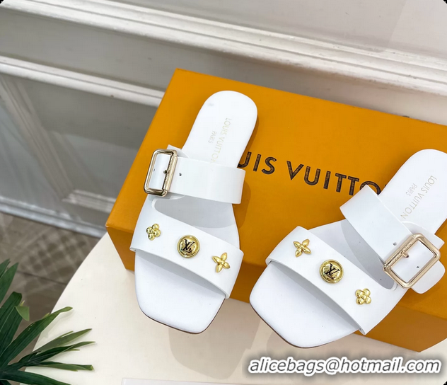 Shop Cheap Louis Vuitton White Calfskin Leather Flat Slides Sandals 6062105