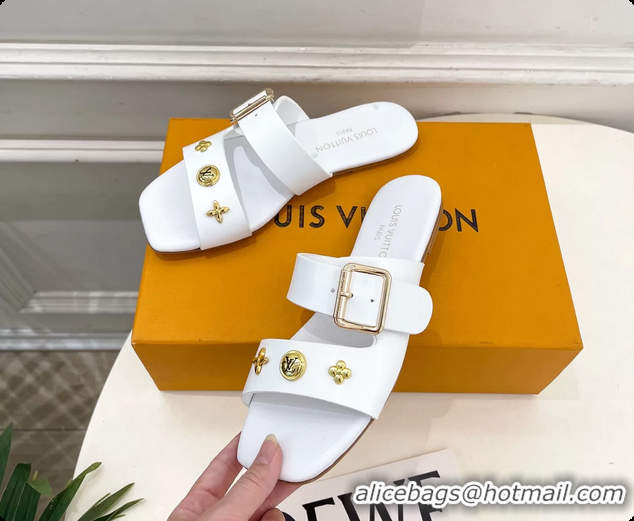 Shop Cheap Louis Vuitton White Calfskin Leather Flat Slides Sandals 6062105