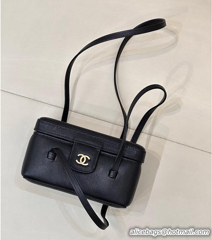 Best Price Chanel Long Vanity with Leather Strap Grained Shiny Calfskin & Gold-Tone Metal AS6282 Black