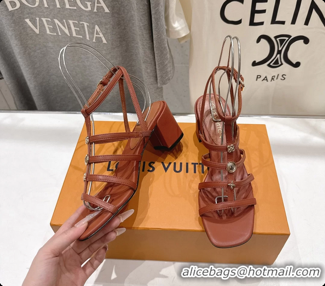 Stylish Louis Vuitton Gaia Heeled Sandals with Monogram Charms Brown Lambskin Leather 65MM 6062106