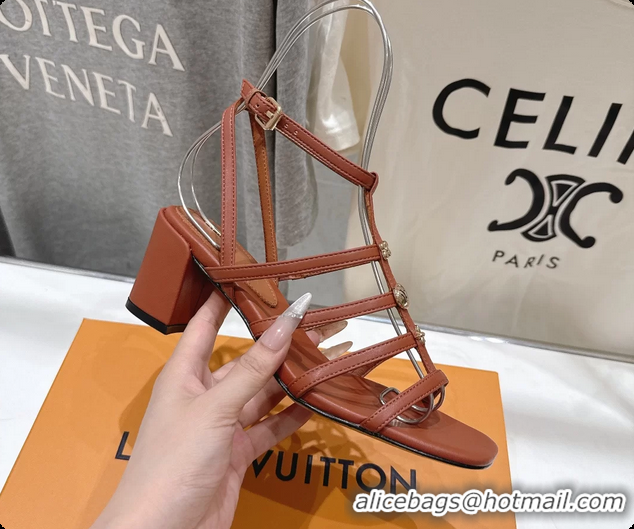 Stylish Louis Vuitton Gaia Heeled Sandals with Monogram Charms Brown Lambskin Leather 65MM 6062106