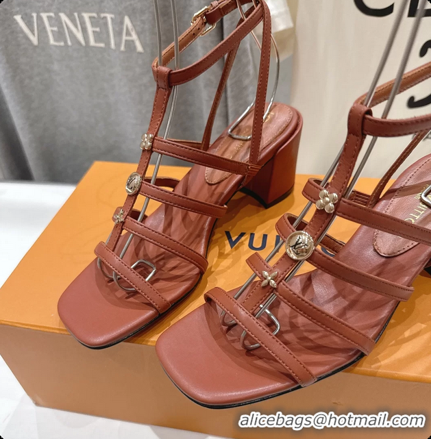 Stylish Louis Vuitton Gaia Heeled Sandals with Monogram Charms Brown Lambskin Leather 65MM 6062106