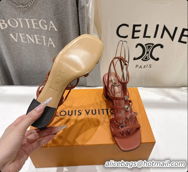 Stylish Louis Vuitton Gaia Heeled Sandals with Monogram Charms Brown Lambskin Leather 65MM 6062106