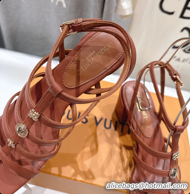 Stylish Louis Vuitton Gaia Heeled Sandals with Monogram Charms Brown Lambskin Leather 65MM 6062106