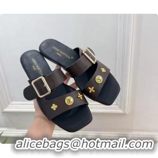 Durable Louis Vuitton Dark Brown Calfskin Leather Flat Slides Sandals 6062107