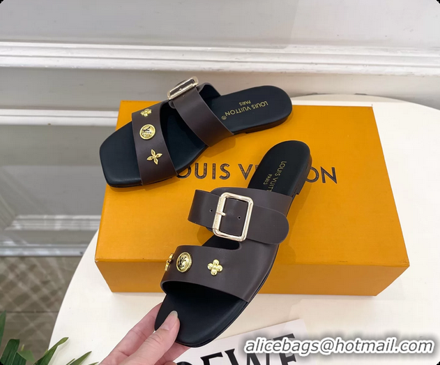 Durable Louis Vuitton Dark Brown Calfskin Leather Flat Slides Sandals 6062107