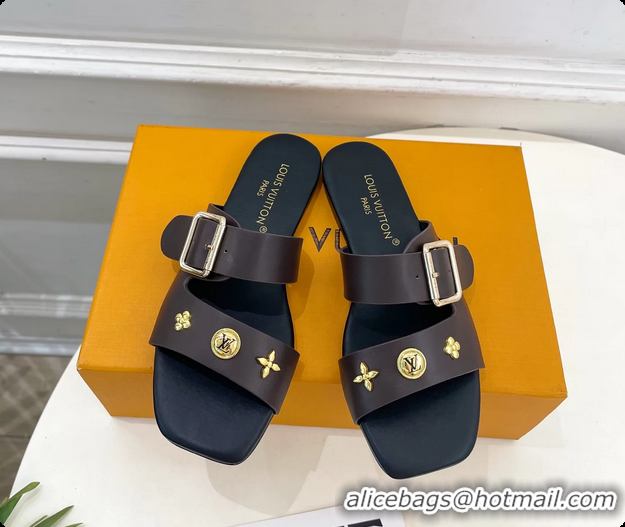 Durable Louis Vuitton Dark Brown Calfskin Leather Flat Slides Sandals 6062107