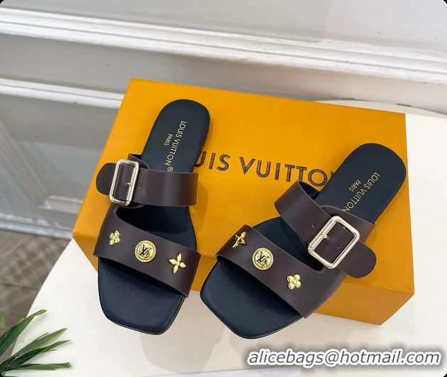 Durable Louis Vuitton Dark Brown Calfskin Leather Flat Slides Sandals 6062107