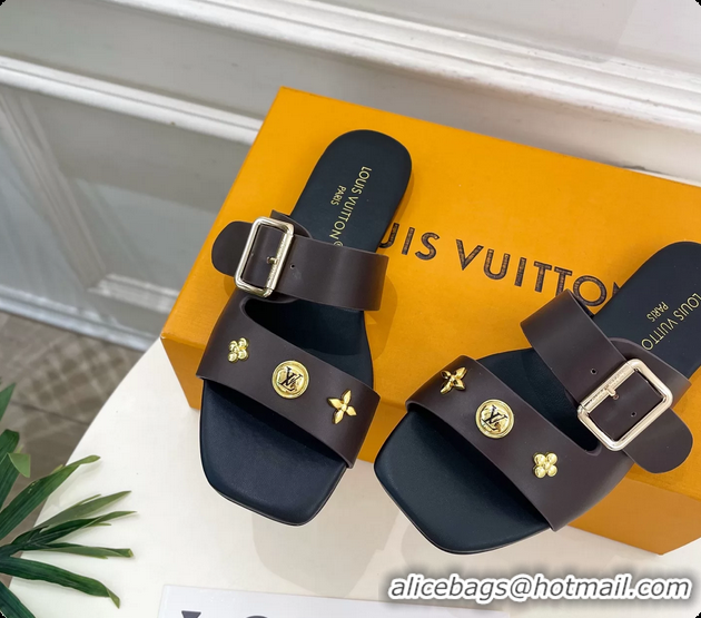 Durable Louis Vuitton Dark Brown Calfskin Leather Flat Slides Sandals 6062107