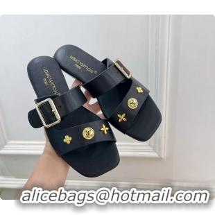 Grade Louis Vuitton Black Calfskin Leather Flat Slides Sandals 6062107
