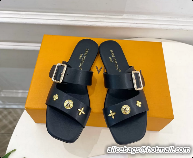 Grade Louis Vuitton Black Calfskin Leather Flat Slides Sandals 6062107