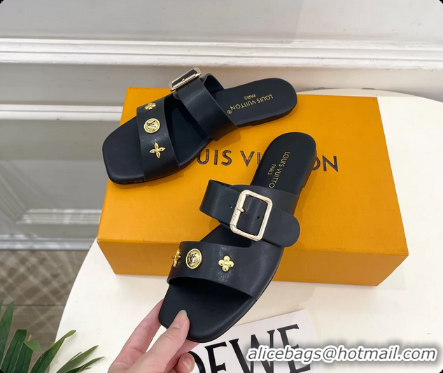 Grade Louis Vuitton Black Calfskin Leather Flat Slides Sandals 6062107