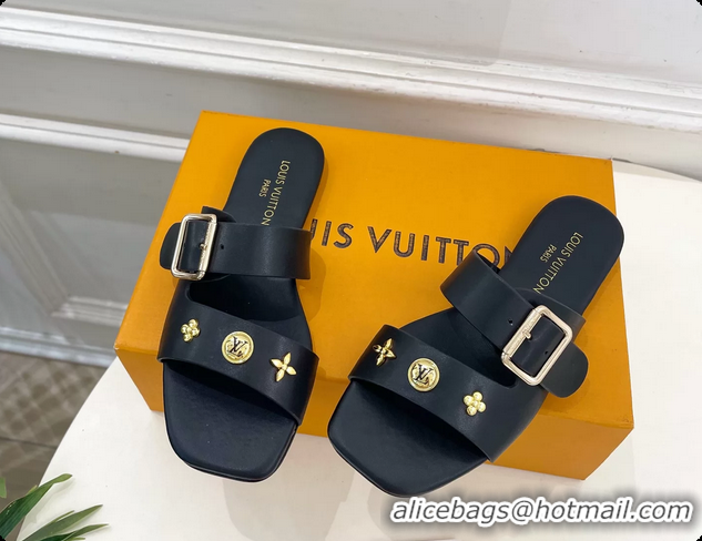 Grade Louis Vuitton Black Calfskin Leather Flat Slides Sandals 6062107
