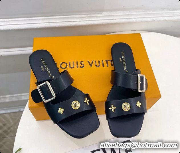 Grade Louis Vuitton Black Calfskin Leather Flat Slides Sandals 6062107