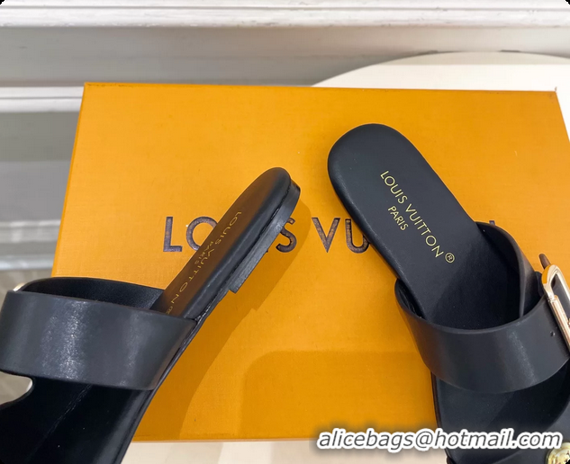 Grade Louis Vuitton Black Calfskin Leather Flat Slides Sandals 6062107