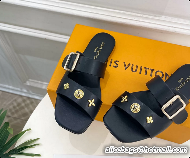 Grade Louis Vuitton Black Calfskin Leather Flat Slides Sandals 6062107