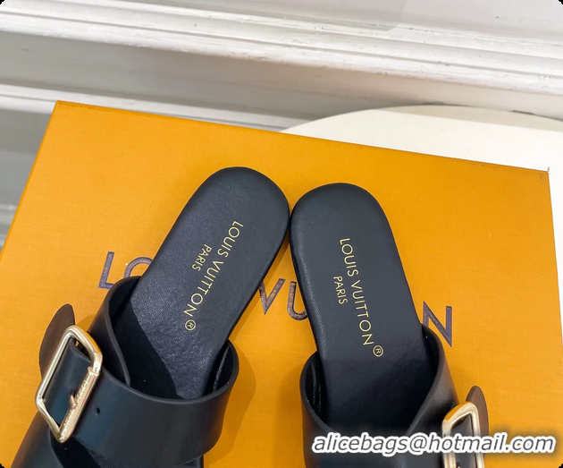 Grade Louis Vuitton Black Calfskin Leather Flat Slides Sandals 6062107