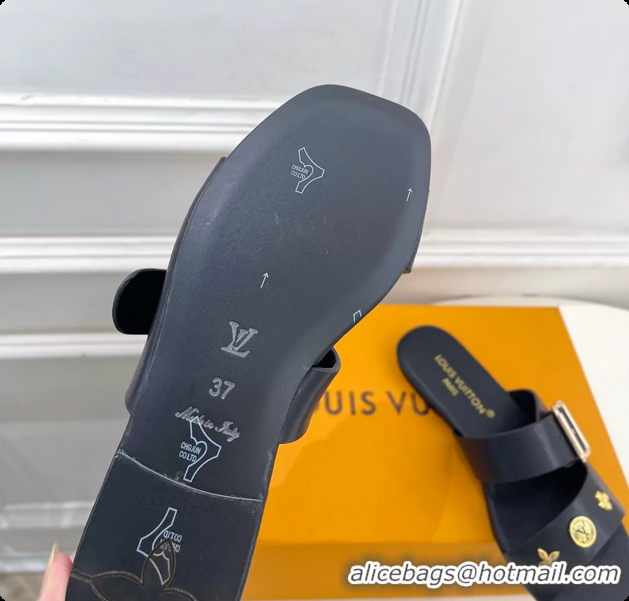 Grade Louis Vuitton Black Calfskin Leather Flat Slides Sandals 6062107