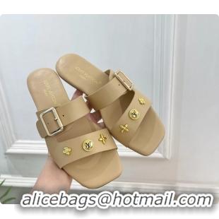 Original Cheap Louis Vuitton Beige Calfskin Leather Flat Slides Sandals 6062107