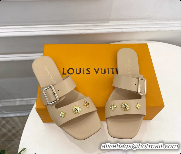 Original Cheap Louis Vuitton Beige Calfskin Leather Flat Slides Sandals 6062107