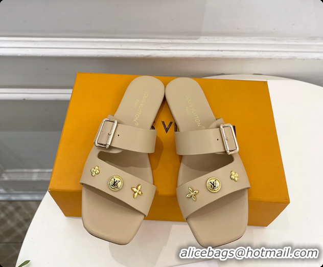 Original Cheap Louis Vuitton Beige Calfskin Leather Flat Slides Sandals 6062107