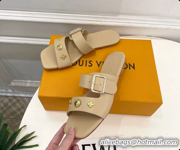 Original Cheap Louis Vuitton Beige Calfskin Leather Flat Slides Sandals 6062107