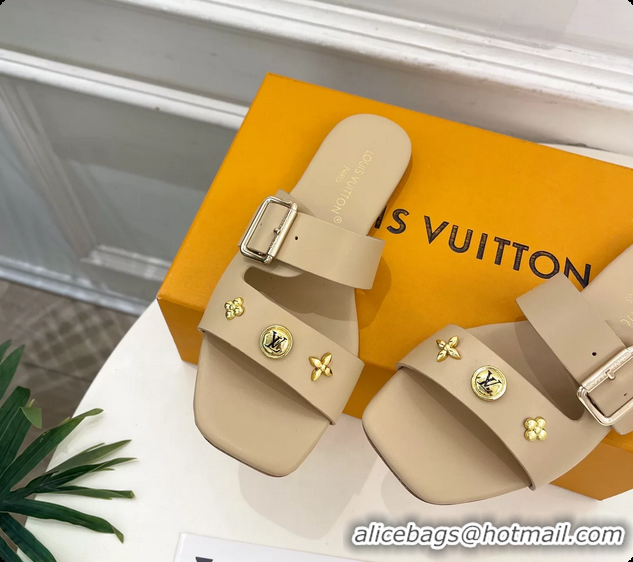 Original Cheap Louis Vuitton Beige Calfskin Leather Flat Slides Sandals 6062107
