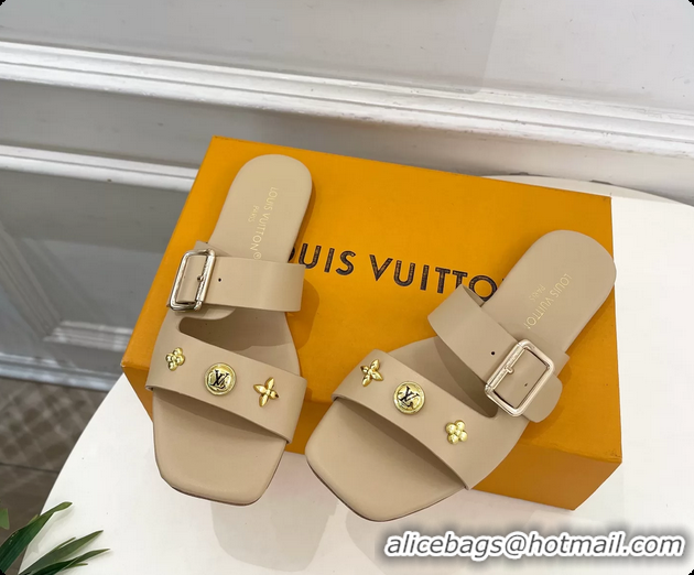 Original Cheap Louis Vuitton Beige Calfskin Leather Flat Slides Sandals 6062107