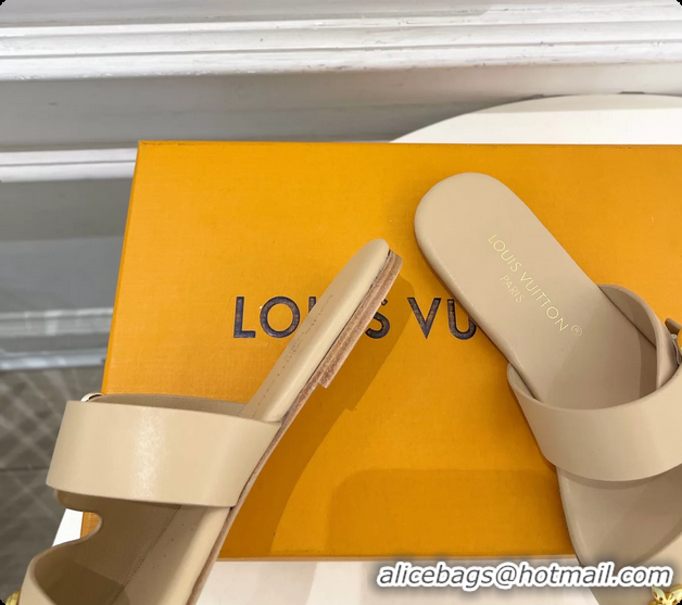 Original Cheap Louis Vuitton Beige Calfskin Leather Flat Slides Sandals 6062107