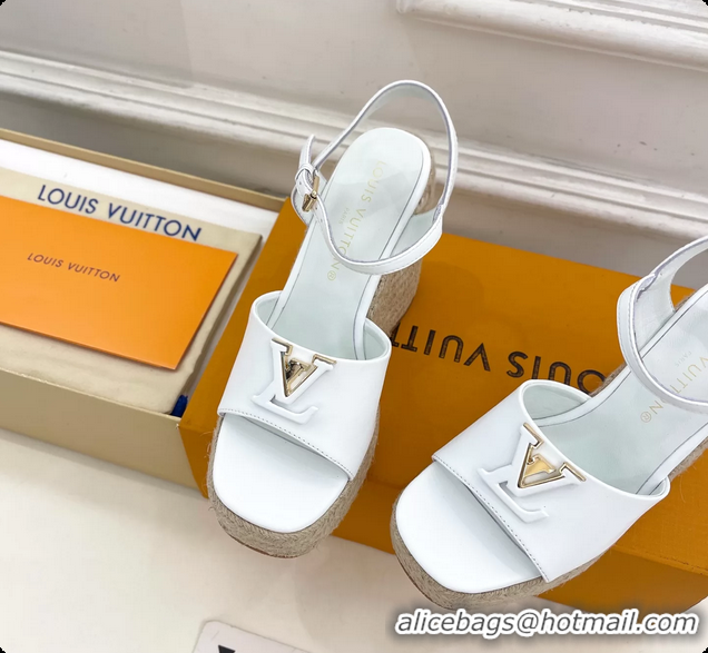Best Product Louis Vuitton LV Mare Wedge Espadrrile Sandals White Calfskin Leather 120MM 6062108