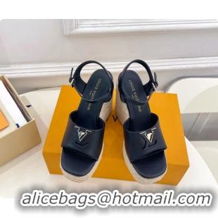 Good Quality Louis Vuitton LV Mare Wedge Espadrrile Sandals Navy Blue Calfskin Leather 120MM 6062108