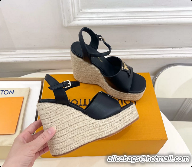 Good Quality Louis Vuitton LV Mare Wedge Espadrrile Sandals Navy Blue Calfskin Leather 120MM 6062108