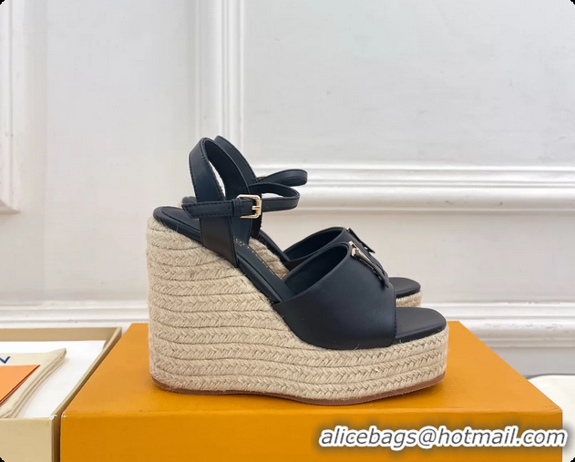 Good Quality Louis Vuitton LV Mare Wedge Espadrrile Sandals Navy Blue Calfskin Leather 120MM 6062108