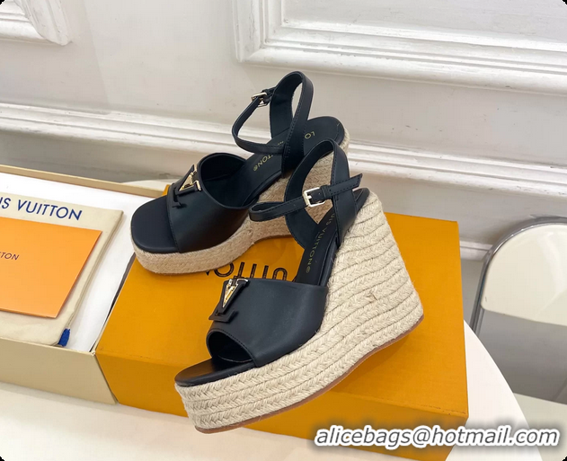 Good Quality Louis Vuitton LV Mare Wedge Espadrrile Sandals Navy Blue Calfskin Leather 120MM 6062108