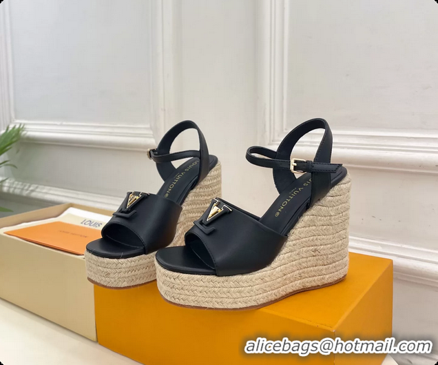 Good Quality Louis Vuitton LV Mare Wedge Espadrrile Sandals Navy Blue Calfskin Leather 120MM 6062108