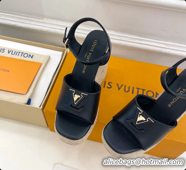 Good Quality Louis Vuitton LV Mare Wedge Espadrrile Sandals Navy Blue Calfskin Leather 120MM 6062108