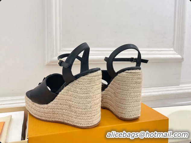 Good Quality Louis Vuitton LV Mare Wedge Espadrrile Sandals Navy Blue Calfskin Leather 120MM 6062108