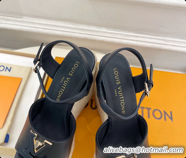Good Quality Louis Vuitton LV Mare Wedge Espadrrile Sandals Navy Blue Calfskin Leather 120MM 6062108