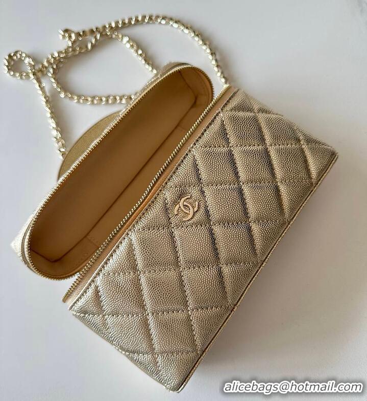 Big Discount Chanel Caviar Quilted Top Handle Slim Vanity Case with Chain Gold Metallic Caviar Brushed Light Gold Hardwa