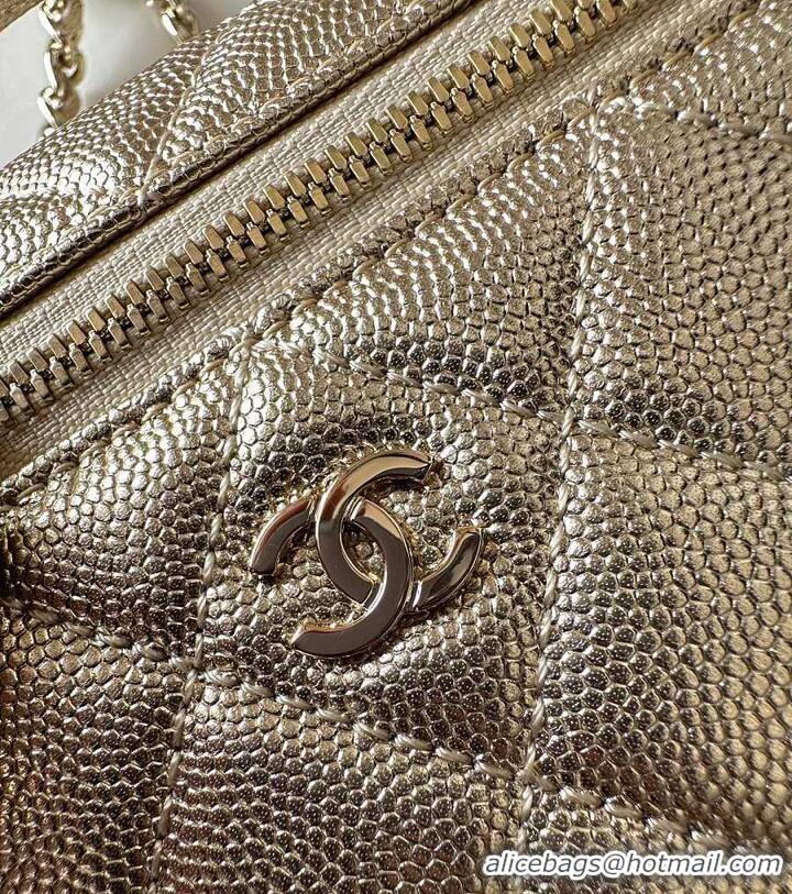 Big Discount Chanel Caviar Quilted Top Handle Slim Vanity Case with Chain Gold Metallic Caviar Brushed Light Gold Hardwa