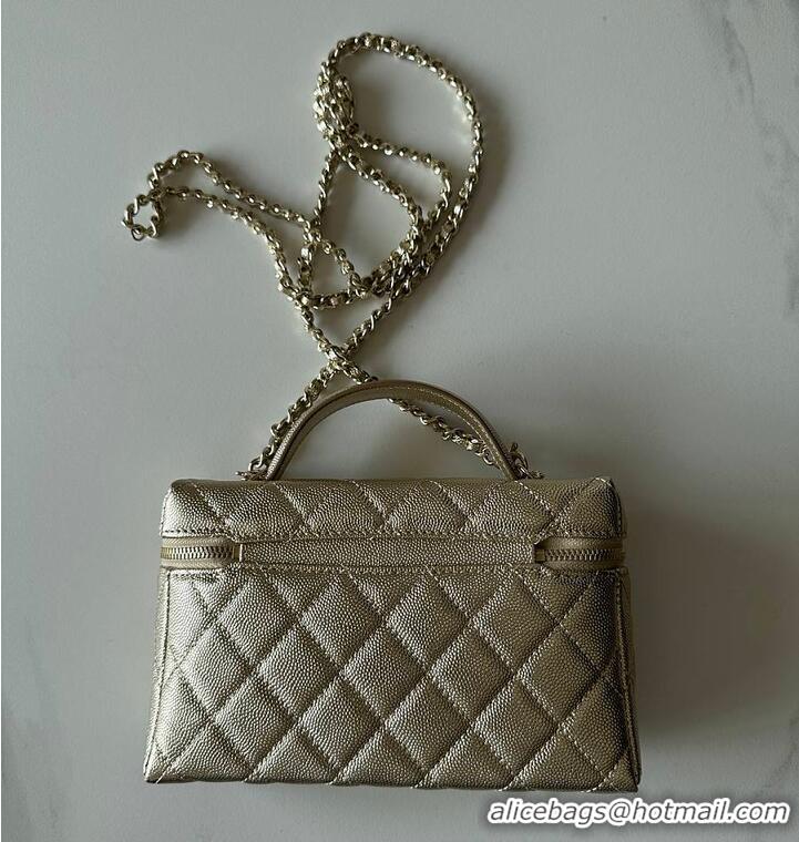 Big Discount Chanel Caviar Quilted Top Handle Slim Vanity Case with Chain Gold Metallic Caviar Brushed Light Gold Hardwa